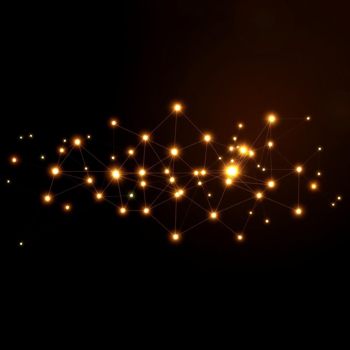 Abstract neural network of glowing amber nodes on a dark background