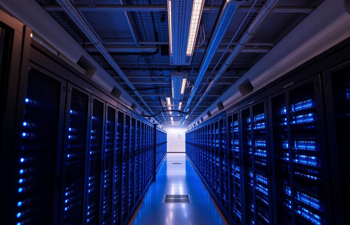 Data centre corridor lined with server racks illuminated in blue