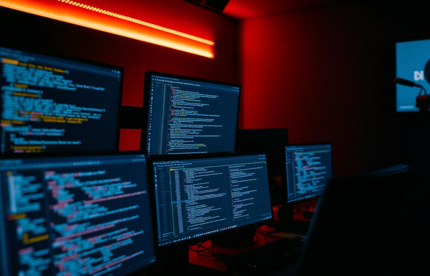 Software developer workstation with multiple monitors displaying source code in a dark studio